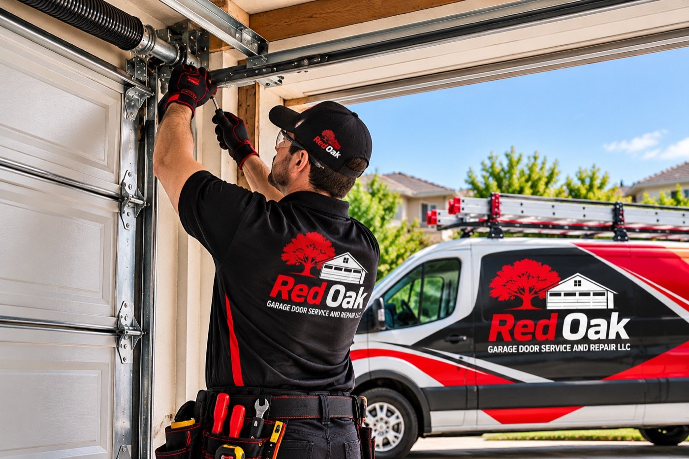 Technician checking garage door hardware after installation