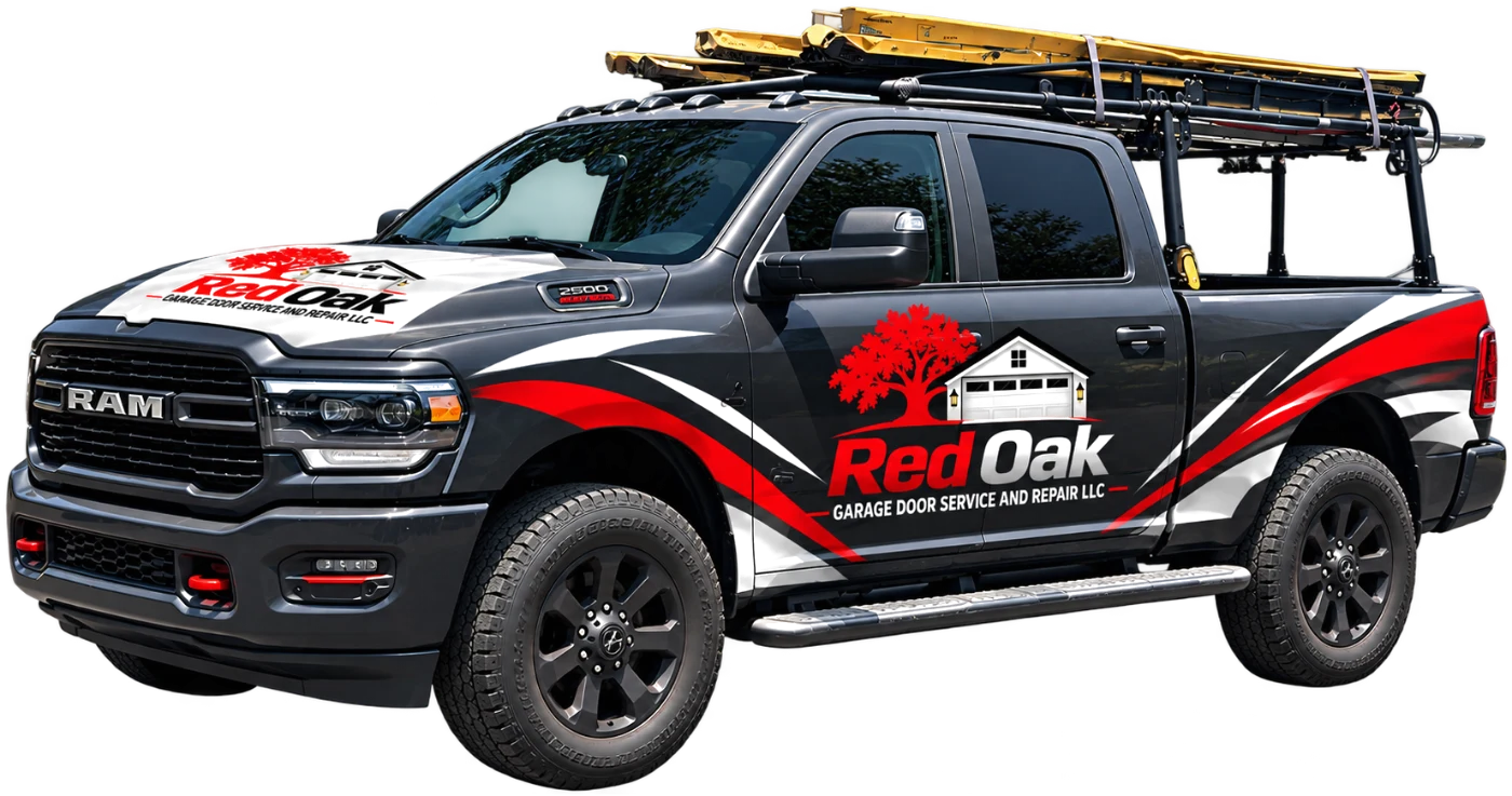 Red Oak Garage Door service truck with ladders and door panels on the roof